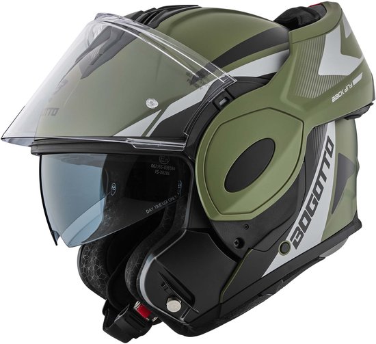 Vue latérale d'un casque modulable vert kaki ouvert avec visières verte et bleue, accents noirs et graphismes.