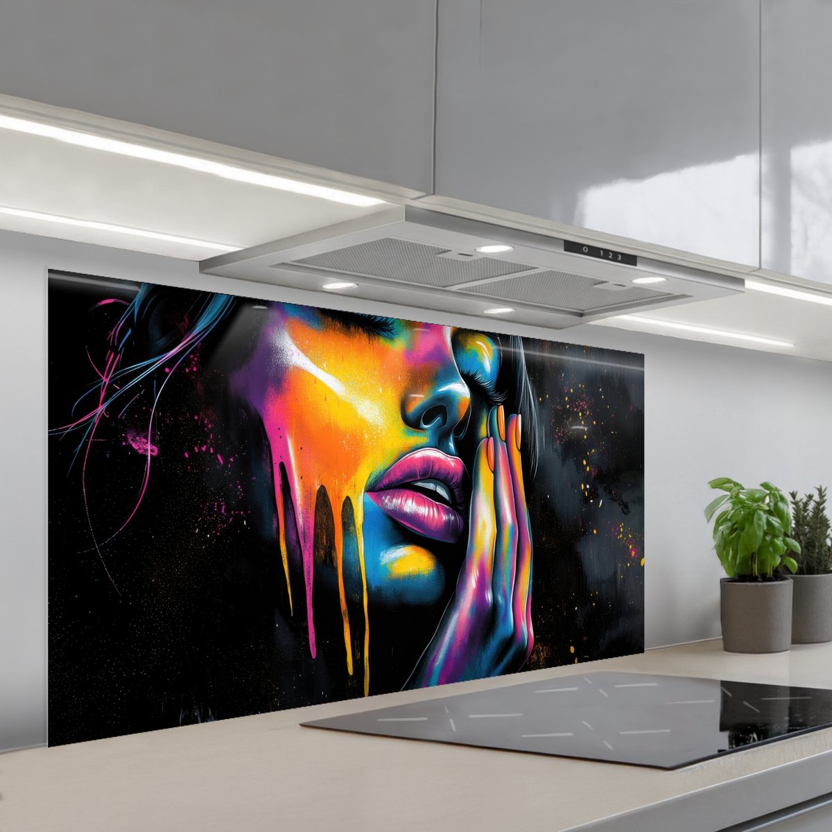 KitchenYeah Spatscherm 120x60 cm Zelfklevende achterwand Vrouw Gezicht Verf Kunstzinnig Keuken muurbeschermer Spatwand fornuis