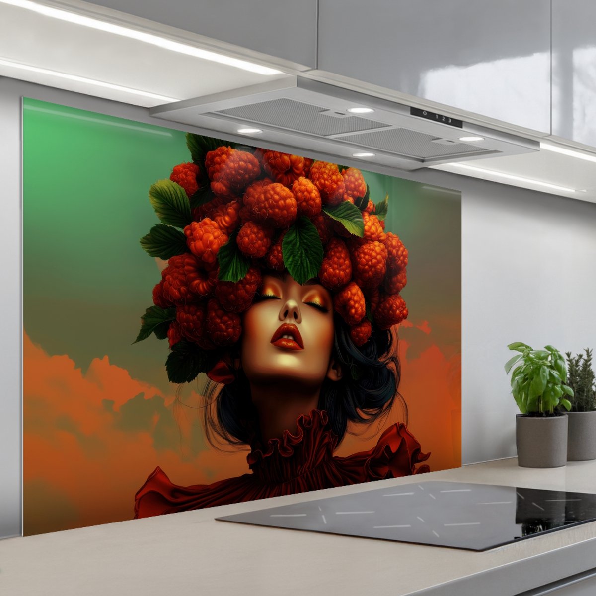 KitchenYeah Spatscherm 120x80 cm Zelfklevende achterwand Vrouw Frambozen Bladeren Keuken muurbeschermer Spatwand fornuis