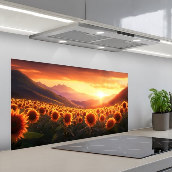 Spatscherm 100x50 cm - Zelfklevende achterwand Zonnebloemen - Zonsondergang - Landschap - Keuken muurbeschermer - Spatwand fornuis
