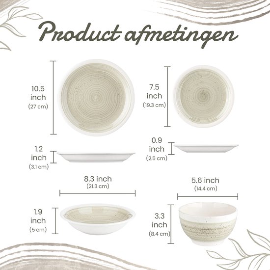 Service de table de Luxe - 16 pièces - 4 personnes - Porcelaine - Service d'assiettes - Assiettes à dîner - Assiettes à dessert - Bols - Bol à pâtes - Beige