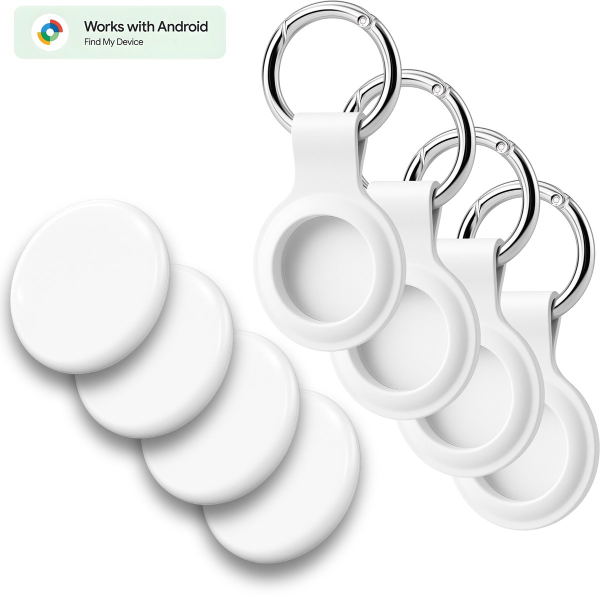 Bluetooth tracker geschikt voor Samsung - Inclusief sleutelhangers - Loshall - Werkt met Android Find My - Tracker voor Android - Waterdicht - 80 dB - Voordeelverpakking - Wit - 4 Pack
