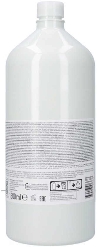 1500 ml fles met L'Oréal Metal Detox shampoo. Witte fles met witte dop en gedetailleerd etiket.