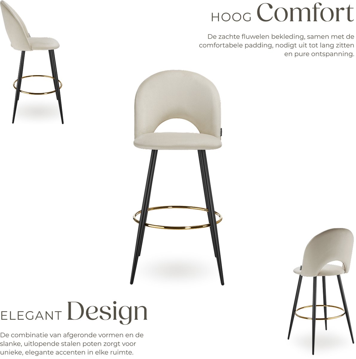Tectake Set van 2 Barkrukken Sachel - Gestoffeerde Barkruk met rugleuning - Barstoelen - Ergonomische Barstoel met voetensteun - Eetkamerstoel met fluweellook bekleding - Stevige stalen poten met antislip vloerbescherming - Crème/Zwart