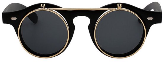 KIMU® Ronde Zonnebril Vintage Flip Up - Mat Zwart Montuur - Zwarte Glazen - Vintage Retro Steampunk Opklapbaar Festival van KIMU — afbeelding 3