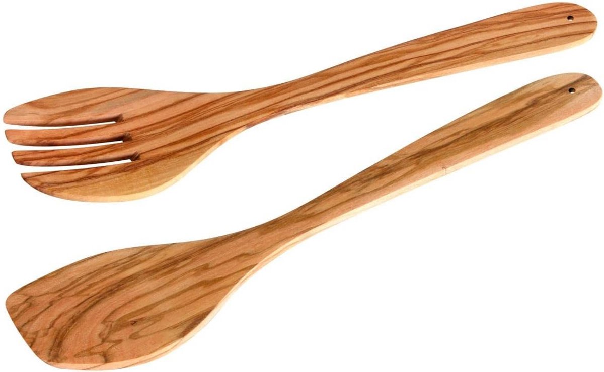 Houten Saladebestek 30 cm - Vaatwasmachinebestendige Slavork en Slalepel van Olijfhout