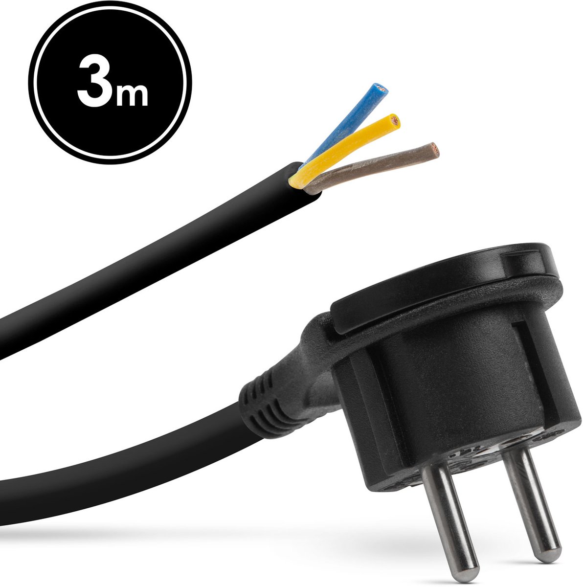 Haakse Stekker Met 3 Meter Kabel Zwart – Montagebare Netstekker Met Treklip – Losse Stekker Met Aarde 230V 16A – H05VV-F 3G 1,5 Mm² Voedingskabel Voor Binnengebruik [05942B]