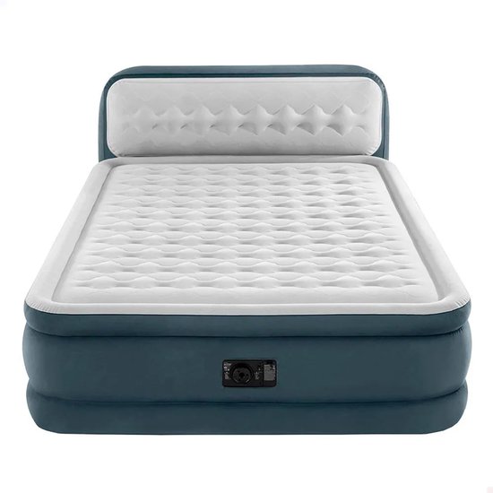 Grijs Intex luchtbed met witte hoofdbord en matras, voorkant.