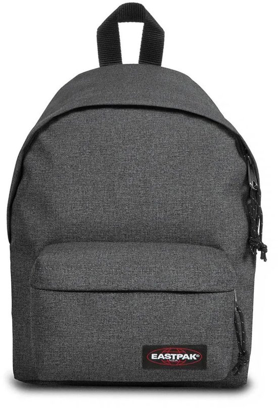 Donkergrijze Eastpak Orbit rugzak in denimlook met een voorvak en Eastpak logo.