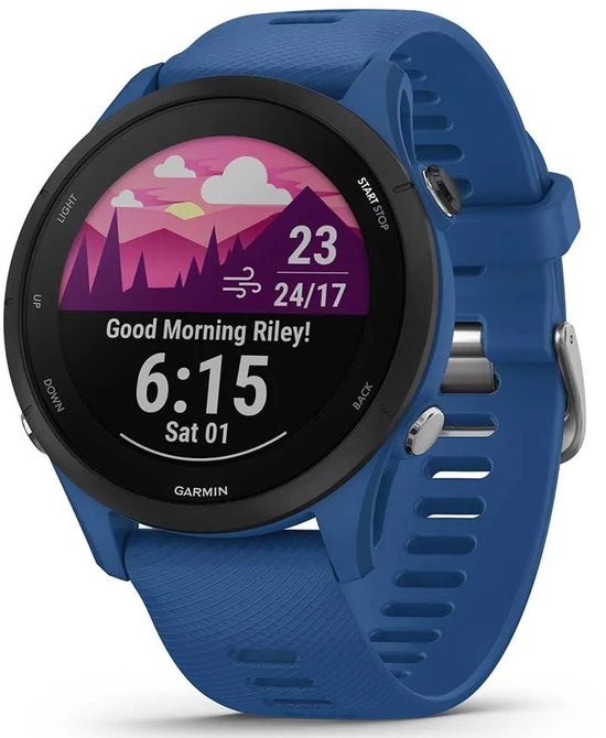 Blauw Garmin Forerunner 255 sporthorloge met zonsopgang en bergen op het scherm.