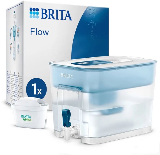 BRITA Flow waterfiltersysteem Cool blue (8,2L) incl. 1 x MAXTRA PRO All-in-1 filter die PFAS*, chloor en kalkaanslag vermindert - waterdispenser met XXL volume, past in de koelkast
