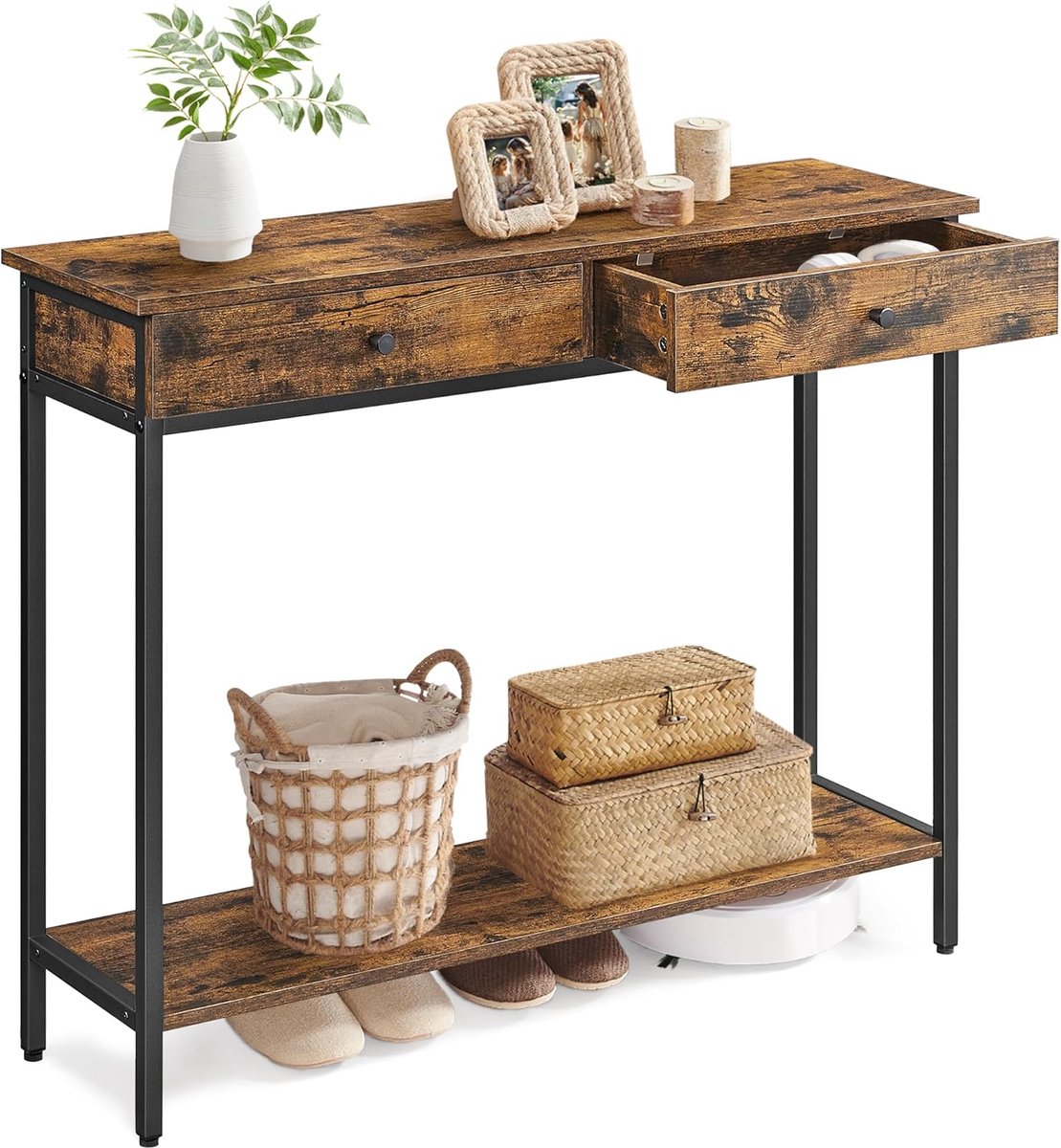 FurnStar Console Tafel – Haltafel – Sidetable – Met 2 Lades – Industrieel Design – Vintage Bruin Zwart