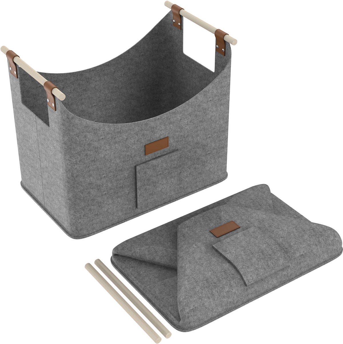 Aufun Opvouwbare Viltmand voor Haardhout - Extra Dikke Brandhoutmand met Handvat 50x32x40cm | Voor Brandhout & Kranten, Lichtgrijs