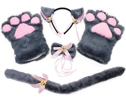 Cosplay Kat Kostuum Set voor Dames en Meisjes - Pluche Klauw Handschoenen, Oren, Staart en Kraag