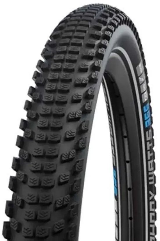 Zwarte vouwband, Schwalbe Johnny Watts 365 met profiel en blauwe tekst.