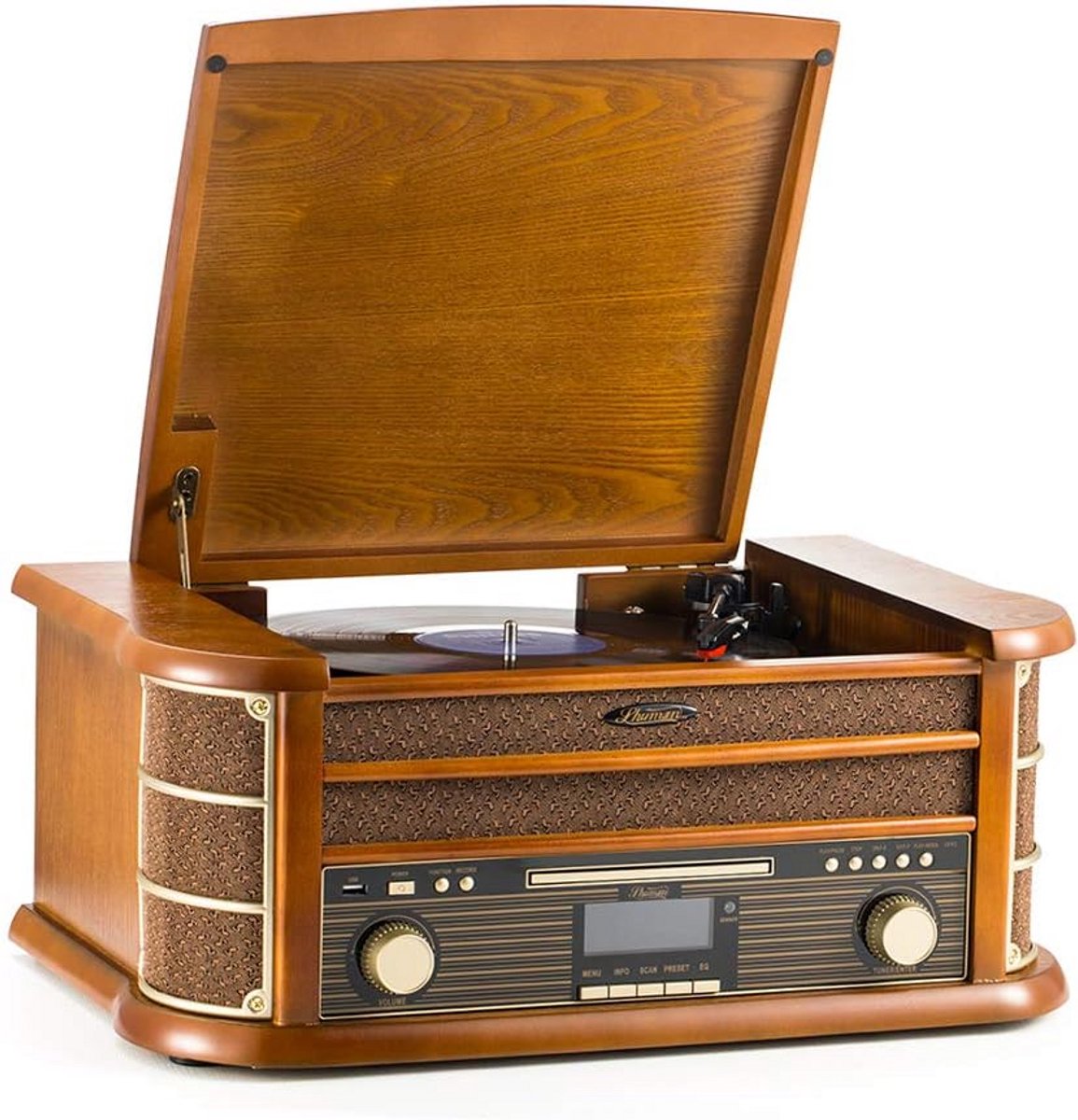 Vintage 8-in-1 Draadloos Muziekcentrum met Platenspeler, Radio, en CD-speler