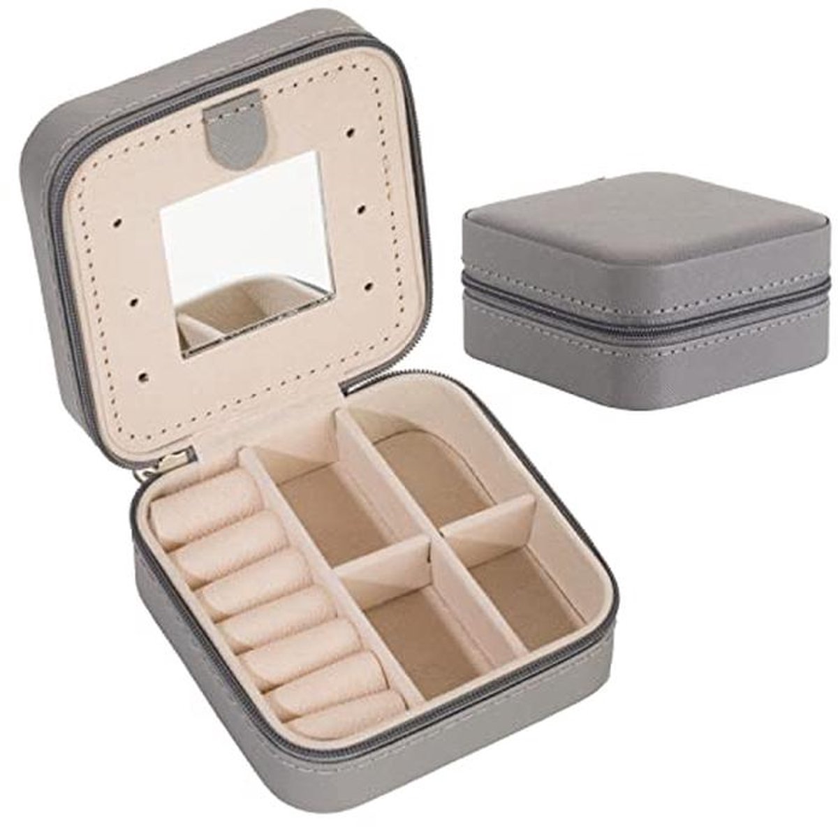 Sieraden Organizer Reizen met Spiegel - Grijze Doos voor Kleine Sieraden