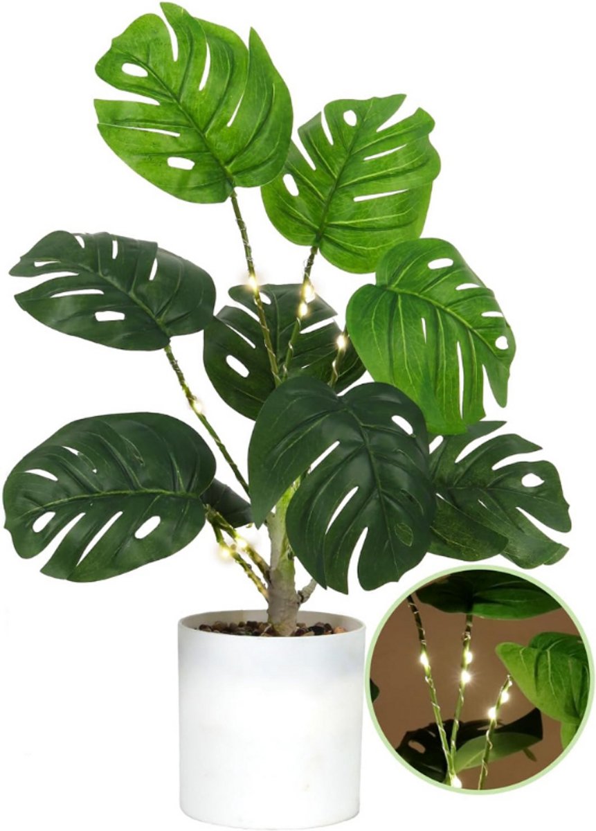 BOG Nepplant 45 Cm Hoog - Kunstmatige Monstera Plant - Tropische Palm Boom - Witte Pot - Faux Potted Groen - Voor Binnen - Thuis - Kantoor - Tafel - Woonkamer - Balkon - Veranda - Buiten Decoratie GROENTE