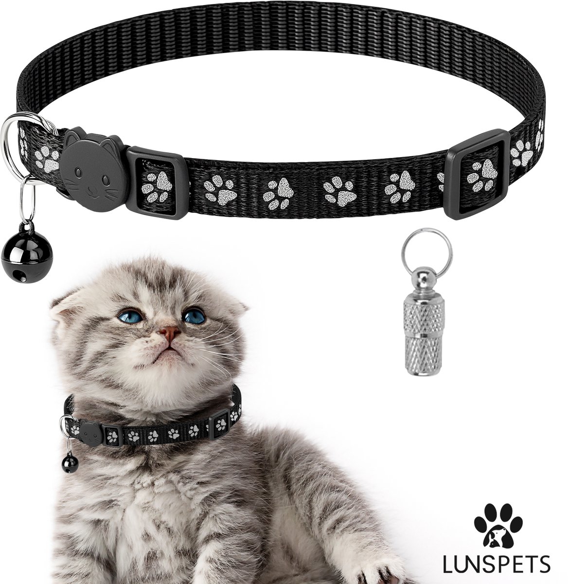 Lunspets - Kattenhalsband - Veiligheidssluiting - Reflecterend - Inclusief Adreskoker - Zwart