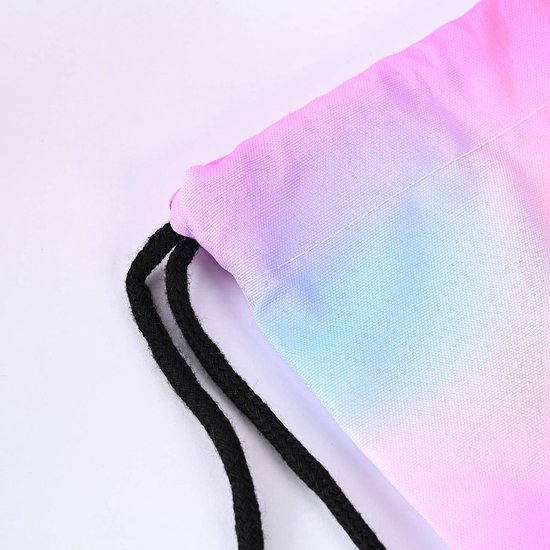 Rugzak met rijgkoord in pastelkleuren: roze, paars en blauw. Zwarte koorden.