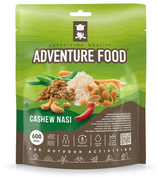 Adventure Food Cashew Nasi, rijst met cashews, linzen, wortel, sperziebonen en rode peper. 600 kcal per portie.