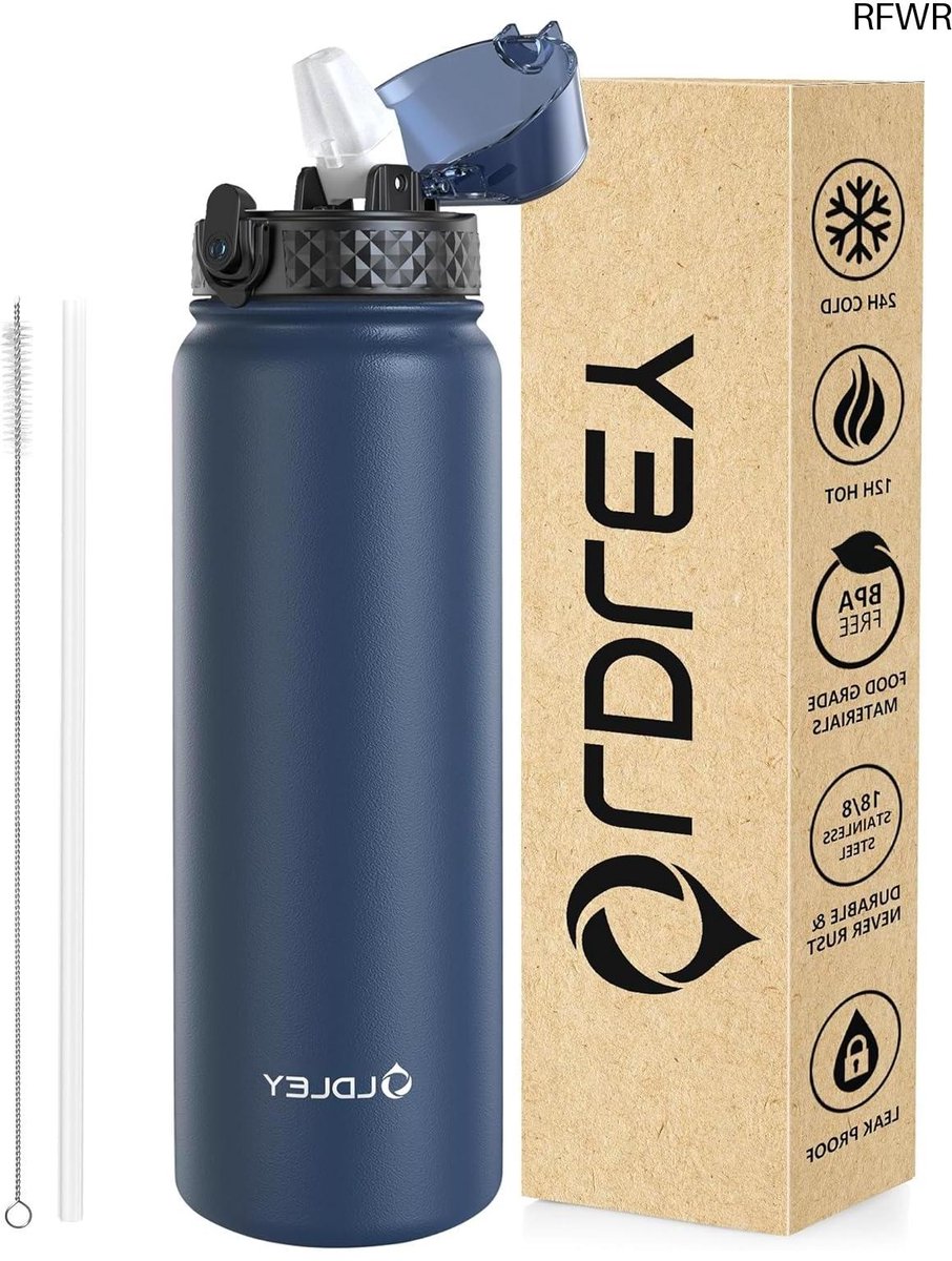 Vacuüm geïsoleerde roestvrijstalen waterfles met rietje - 1 liter, lekvrij, houdt dranken warm of koud - Perfect voor sport, reizen en buitenactiviteiten