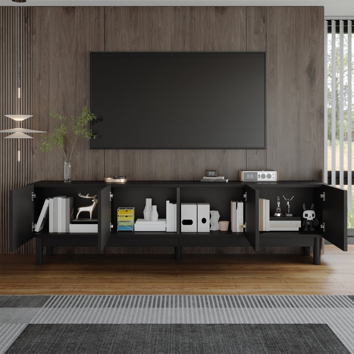 OKWISH TV-meubel – Moderne Serie – 4 Deuren – Grifloze Golvende Deuren – Minimalistische Stijl Met Opbergruimte – MDF;Spaanplaat Zwart – 169x34x45,5 cm
