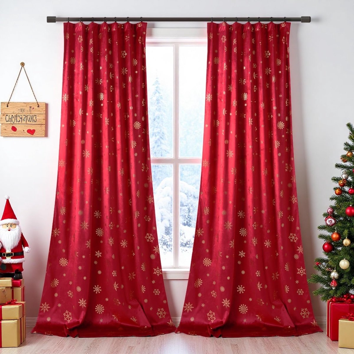 Unyqoos Stijlvolle fluwelen kerstgordijnen met gouden sneeuwvlokken voor huisdecoratie rood