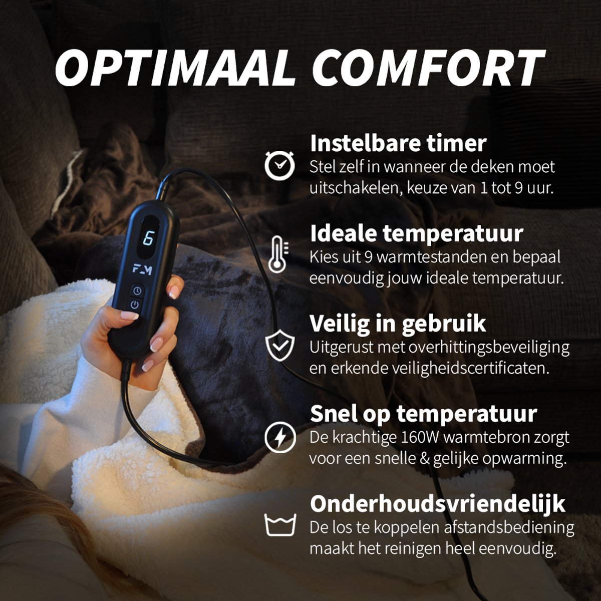 FlowMotion Luxe XL Elektrische Warmtedeken 180x130cm - Bruin/Wit - Elektrische Deken met 9 Warmtestanden - Bovendeken met Timer – Verwarmde Deken 160W – Fleece Verwarmingsdeken – foto 4
