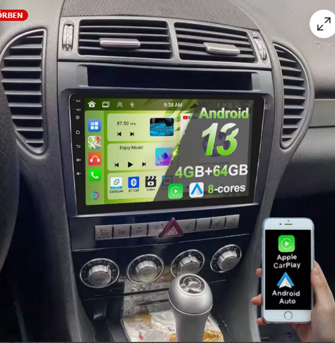 Autoradio-9 inch Android 15 Autoradio Stereo GPS Navi Head Unit, Compatibel met B - enz SLK 2004 - 2011, met CarPlay, Android Auto, WiFi, Bluetooth, SWC, DSP, FM/RDS, 2GB + 64GB, Mirror Link