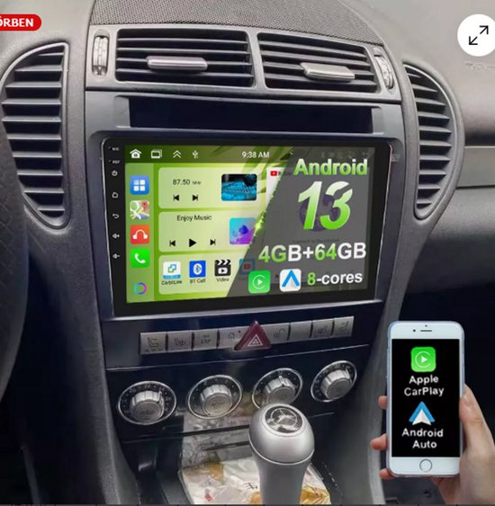 Autoradio-9 inch Android 15 Autoradio Stereo GPS Navi Head Unit, Compatibel met B - enz SLK 2004 - 2011, met CarPlay, Android Auto, WiFi, Bluetooth, SWC, DSP, FM/RDS, 2GB + 64GB, Mirror Link