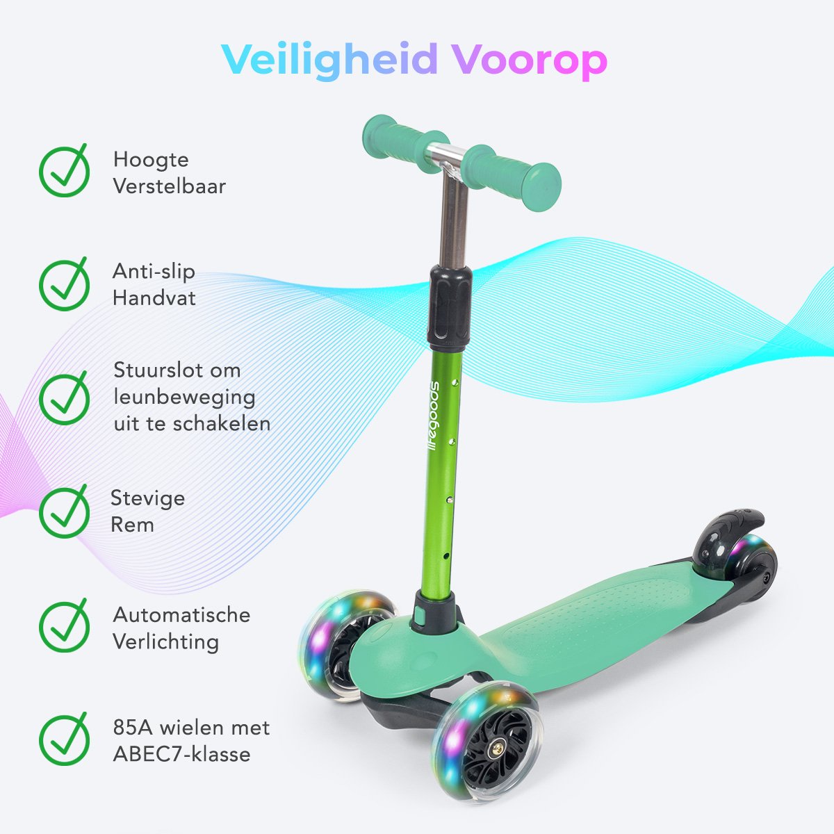 LifeGoods Kinderstep - Step 2-5 Jaar - 3 Lichtgevende LED Wielen - Hoogte Verstelbaar - Jongens/Meisjes - Muntgroen — afbeelding 11