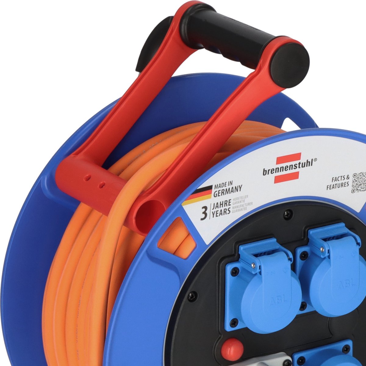 CEE Kabelhaspel met 25 m pantserkabel, signaalkleur geel, CEE-stekker op hoekkoppeling/hoekstekker met Schuko stopcontact, 230 V, voor camping, IP44, Made in Germany
