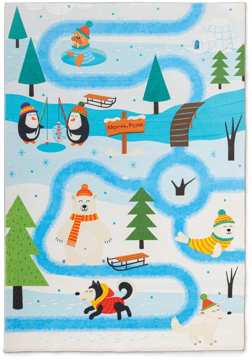 Wasbaar kindervloerkleed - Snugway Winter wit/blauw 80x150 cm