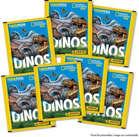 Sept pochettes PaniniPedia Dinos National Geographic Kids avec des dinosaures sur chaque paquet.
