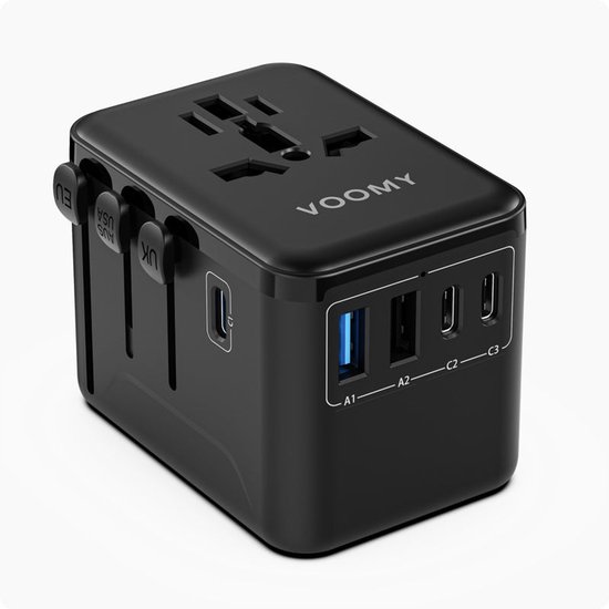 Voomy Universele Wereldstekker - 200+ landen - 35W Snellader - 3 USB-C & 2 USB-A Poorten - Reisstekker voor: Amerika (USA), Engeland (UK), Australië, Zuid Amerika, Afrika, Italië, Thailand - Zwart