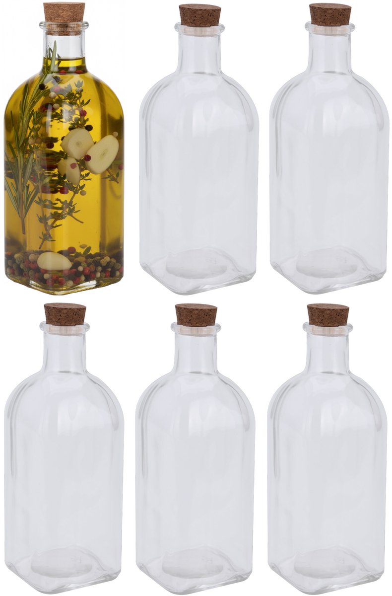Excellent Houseware Weckflessen - 6x stuks - glas - transparant - 500 ml - met dop van kurk