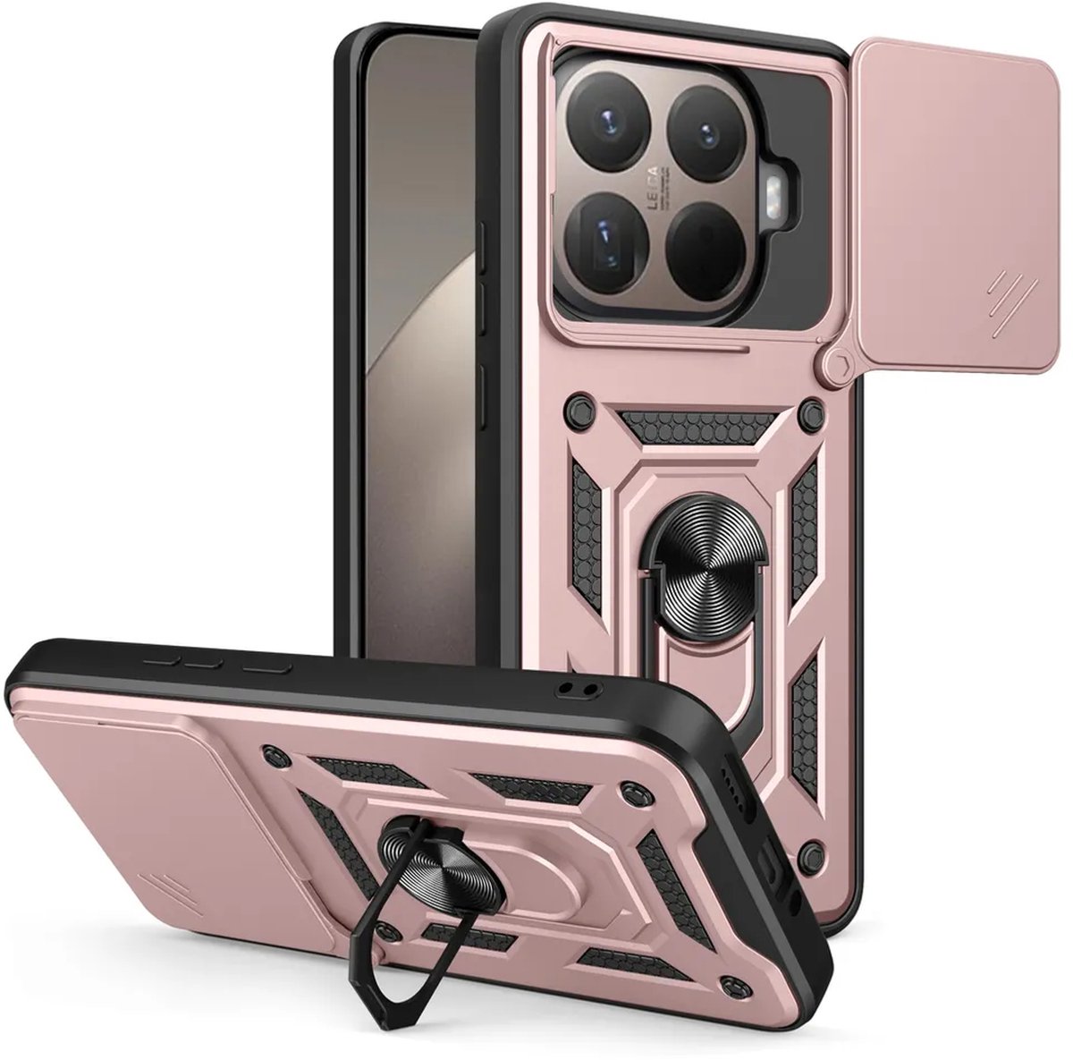 MobyDefend Hoesje - Geschikt voor Xiaomi 15T Pro - Pantsercase Met Draaibare Ring - Rosé