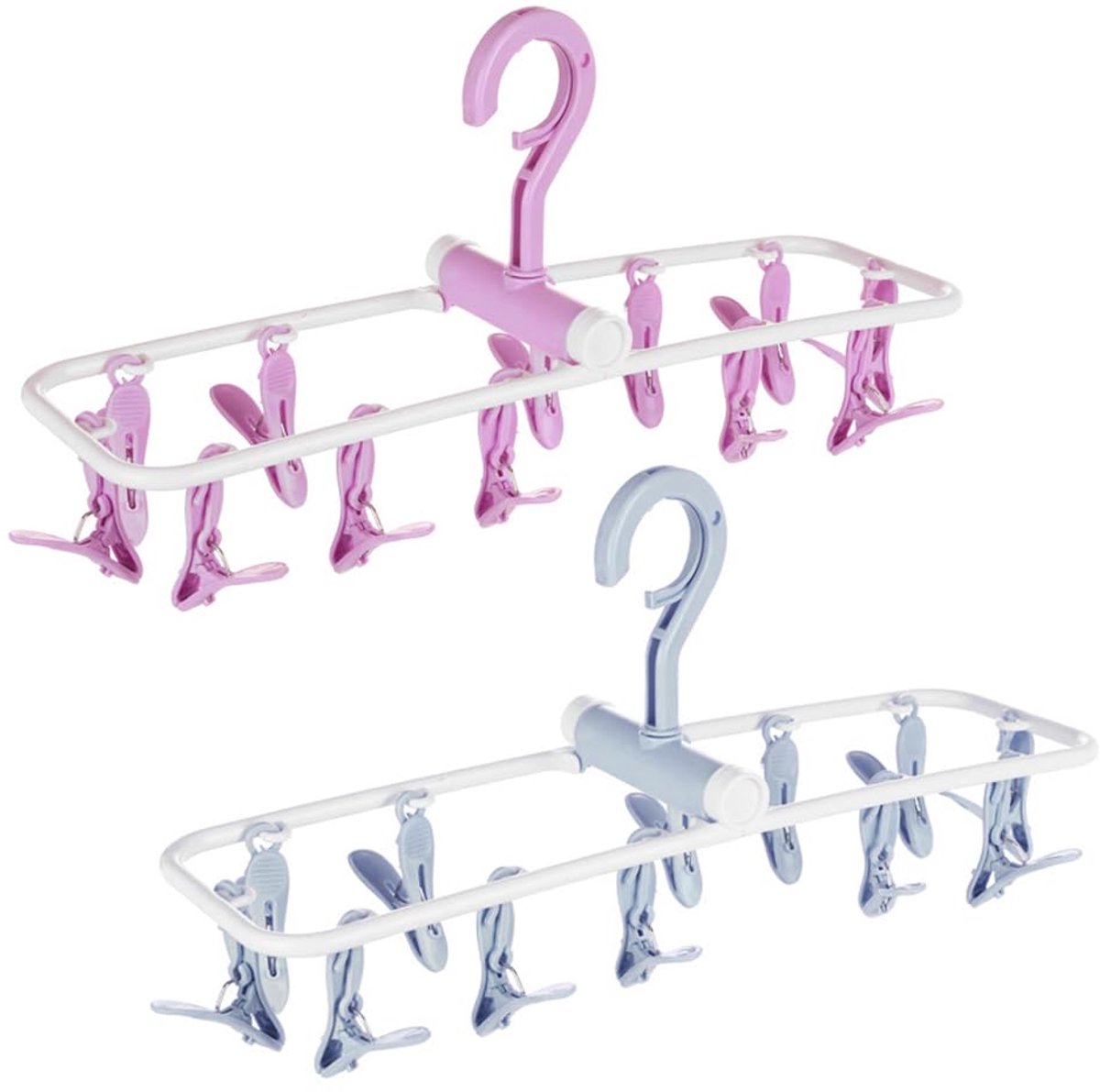 longziming -Opvouwbare Wasclips Hanger 2-Pack – Ruimtebesparend & Verstelbare Haak – Voor Sokken, Ondergoed & Kleine Was – Paars + Blauw