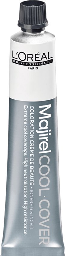 Tube de coloration L'Oréal Professionnel Majirel COOL COVER. Tube argenté avec bouchon gris.