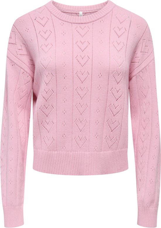 Pull rose en maille avec un motif cœur ajouré.