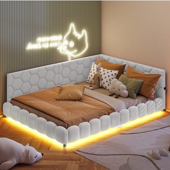 Slaapbanken - Slaapbank - Slaapbank 140x200 cm - Hoge randbescherming - Gestoffeerde rugleuning - Een ring van instelbare gekleurde LED-lampjes rond de onderkant - Oplaadfunctie USB-interface - Vlakke stripvoet - woonkamer, slaapkamer - Wit