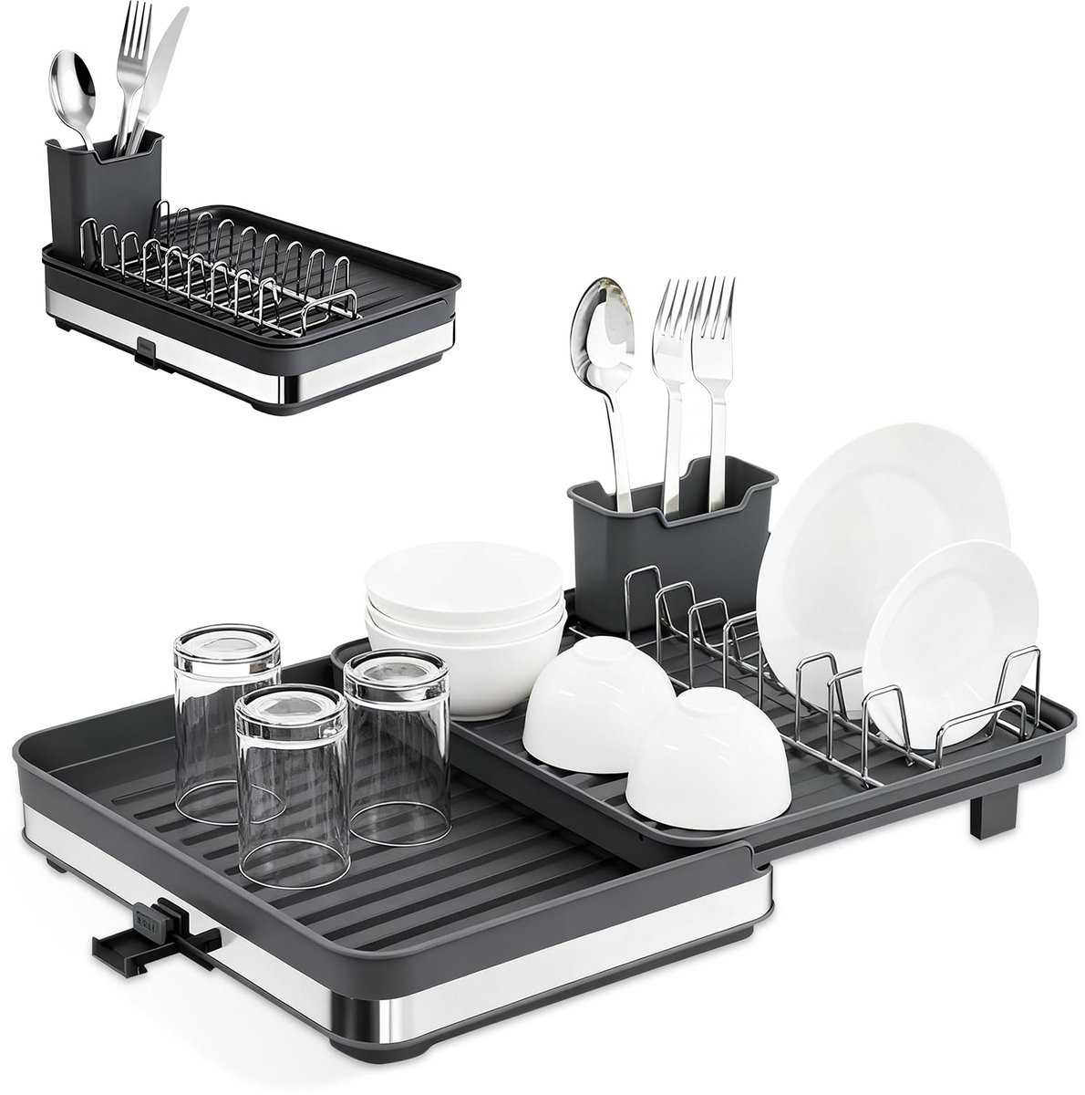 Unyqoos® Uitbreidbaar multifunctioneel afdruiprek voor servies met bestekhouder