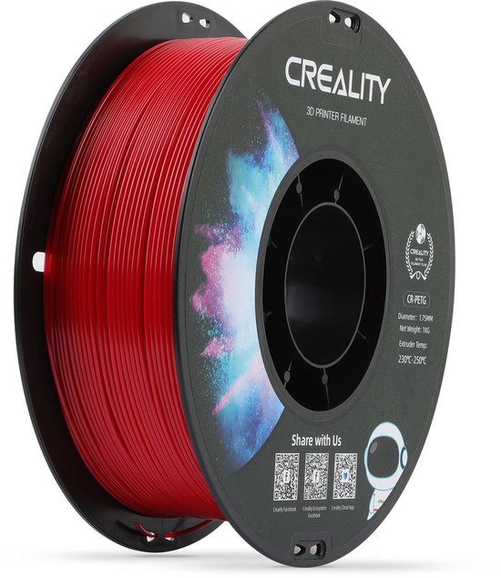 Zwarte Creality 3D-printer filament spoel met nevelafbeelding, met details over product.