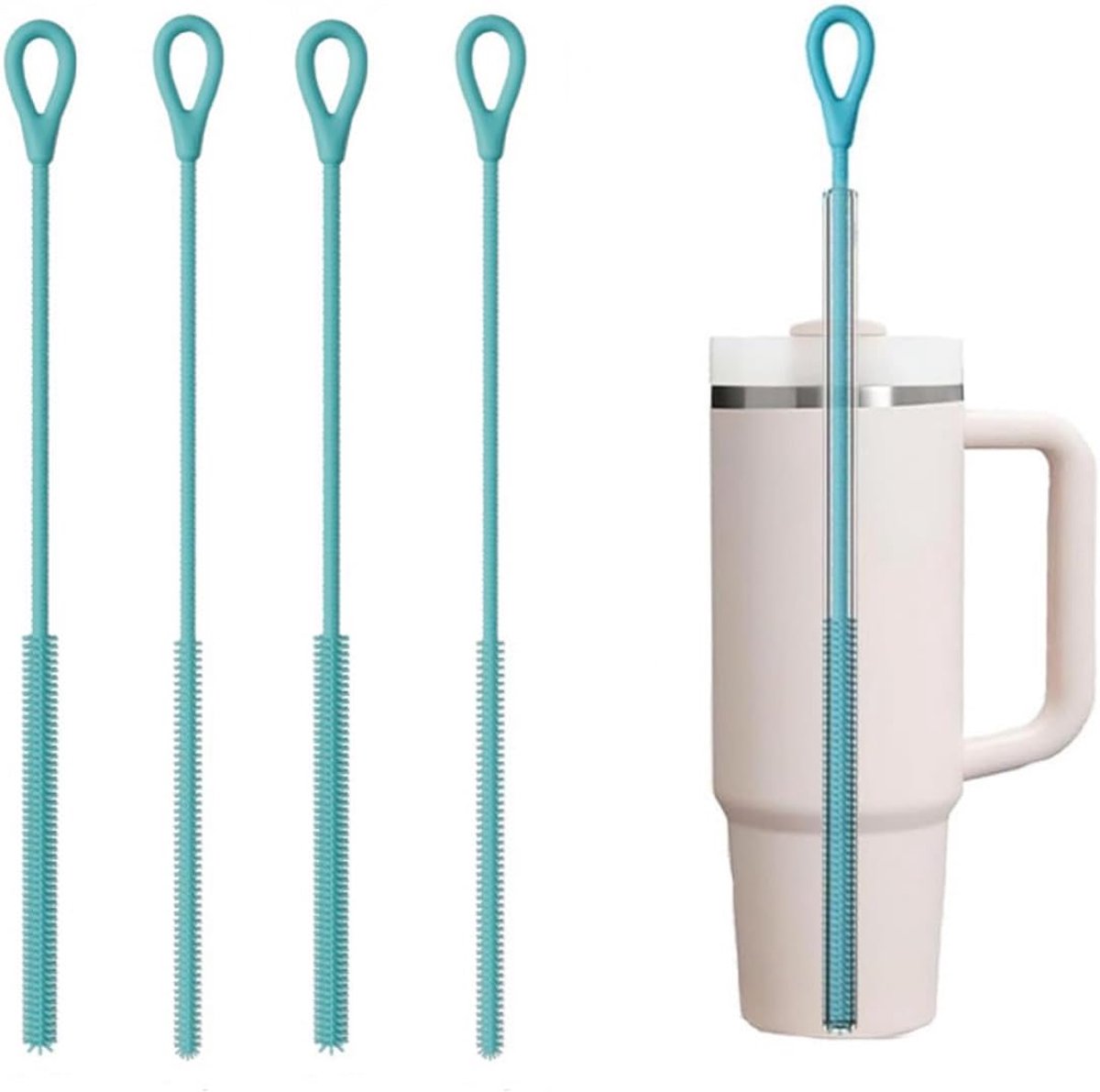 Image of 4-pack siliconen rietjesreinigingsborstels - 25 cm lange flexibele borstel voor metalen en glazen rietjes - Lake Blue (combinatie van 6 mm + 9 mm)