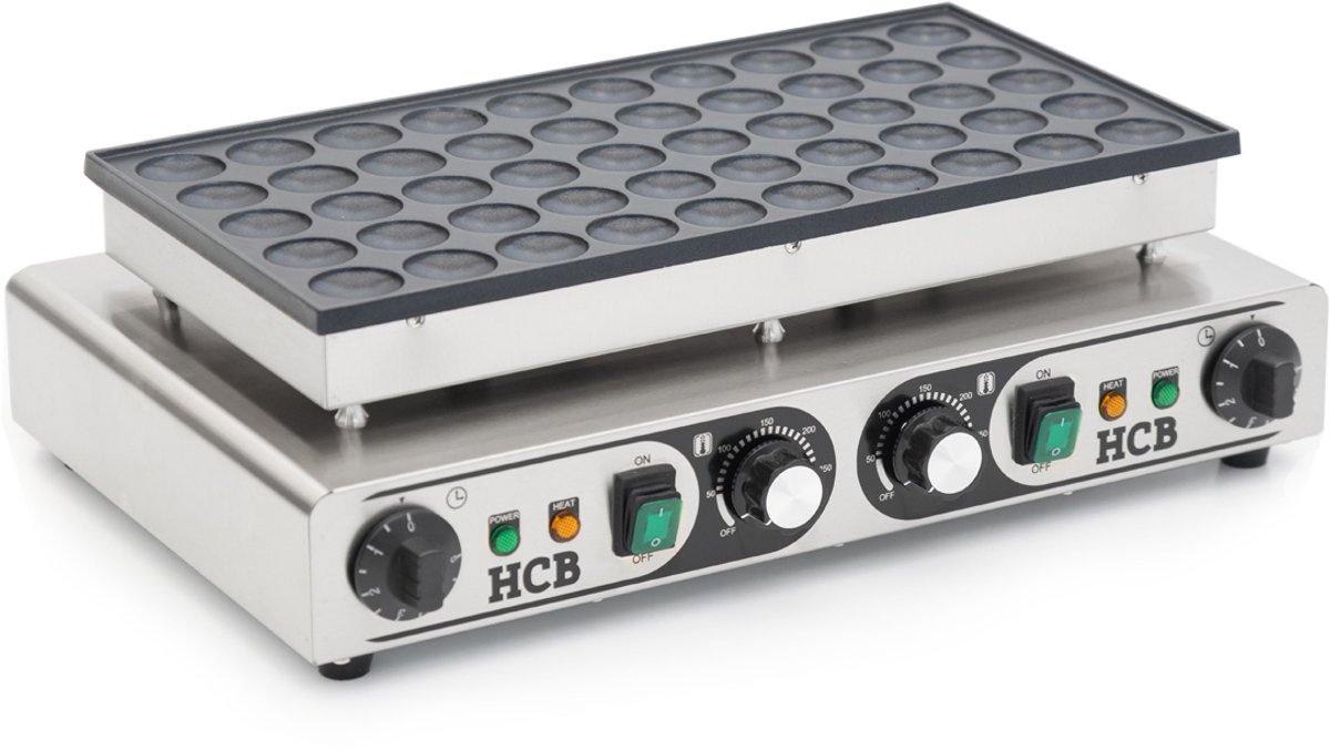 HCB® - Professionele Horeca Poffertjesbakplaat - 50 dops - 230V - RVS / INOX poffertjespan electrisch - Poffertjesmaker - 34x54.5x17.5 cm (DxBxH) - 7 kg - 8525