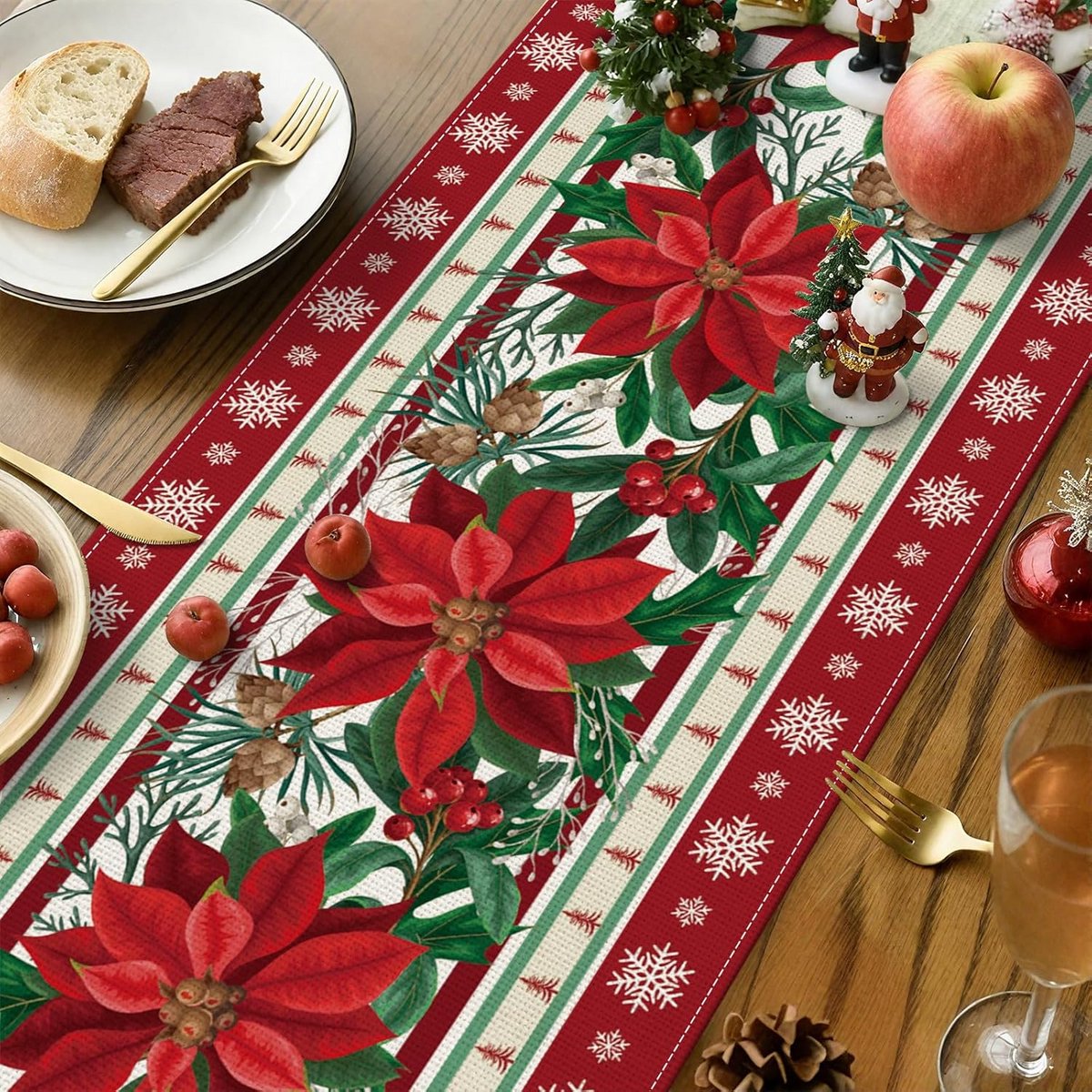 Kerst tafelloper 40x180cm rood groen dennenhut kerstbollen feestelijke sfeer