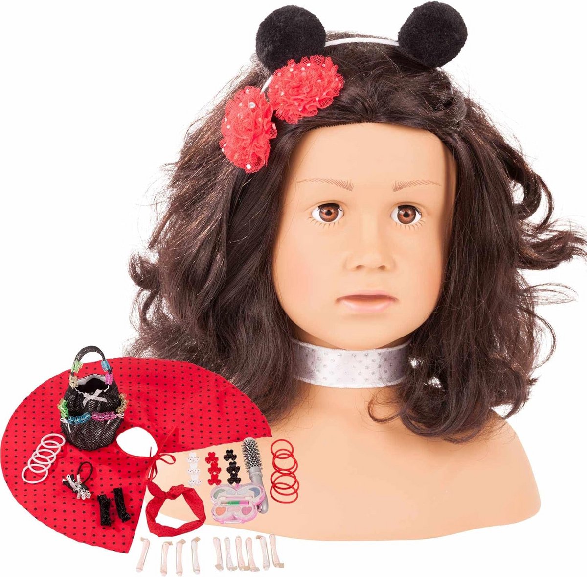 28 cm Kapsel- en Make-uphoofd met Zwart Haar en Bruine Ogen - 68 Stukken Creatief Speelgoed voor Meisjes vanaf 3 Jaar
