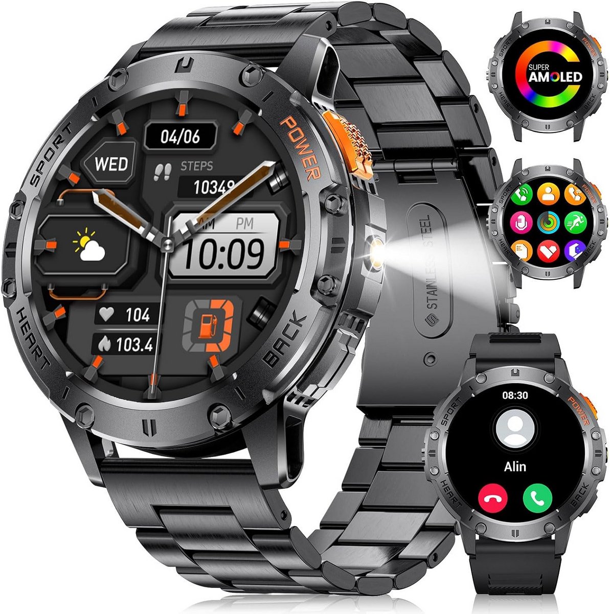 Smartwatch Heren 1.43 inch AMOLED met Zaklamp, Bellen en Slaapmonitoring