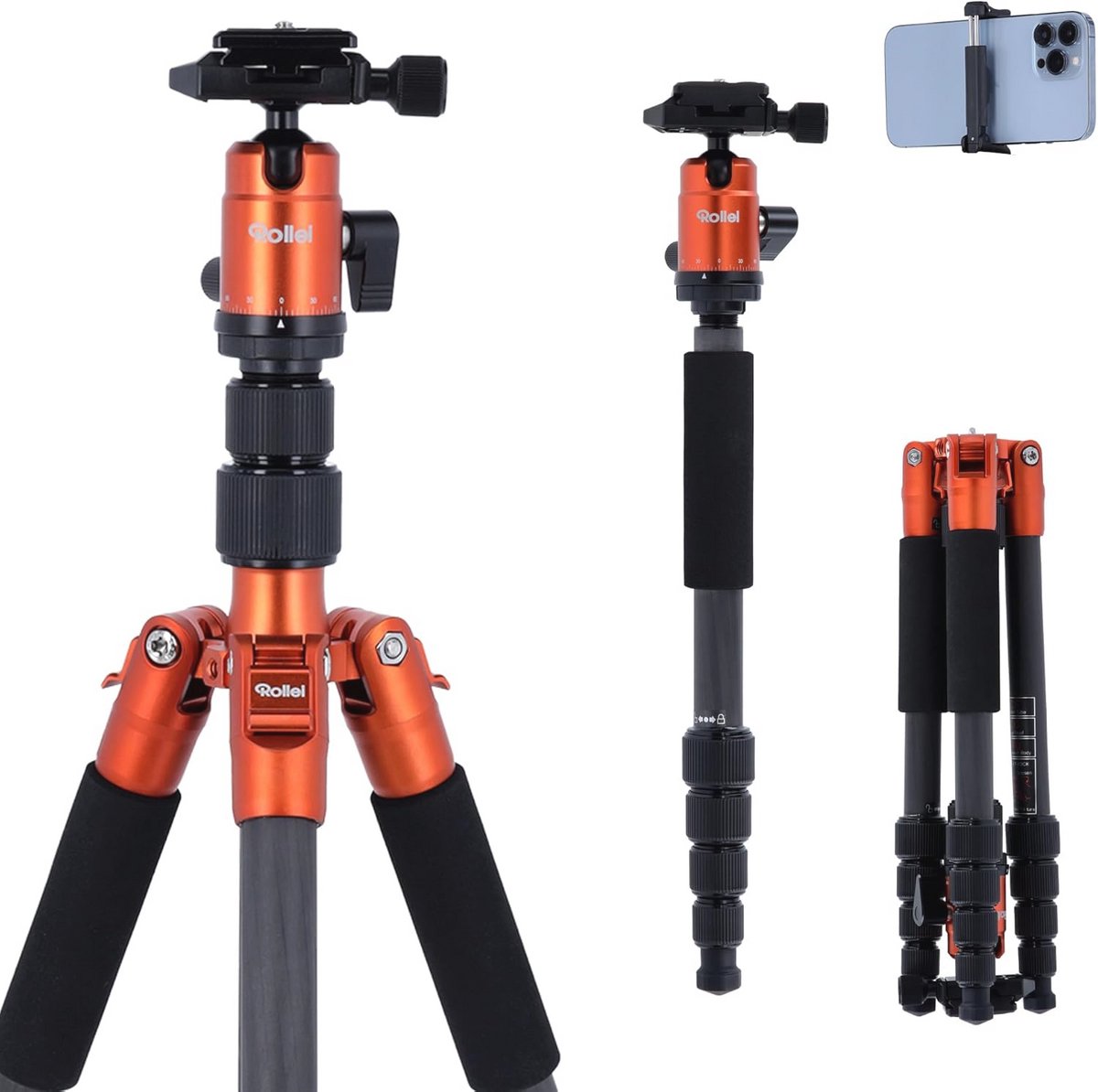 Compact Carbon Reisstatief voor Digitale en Filmcamera's - Zwart Oranje